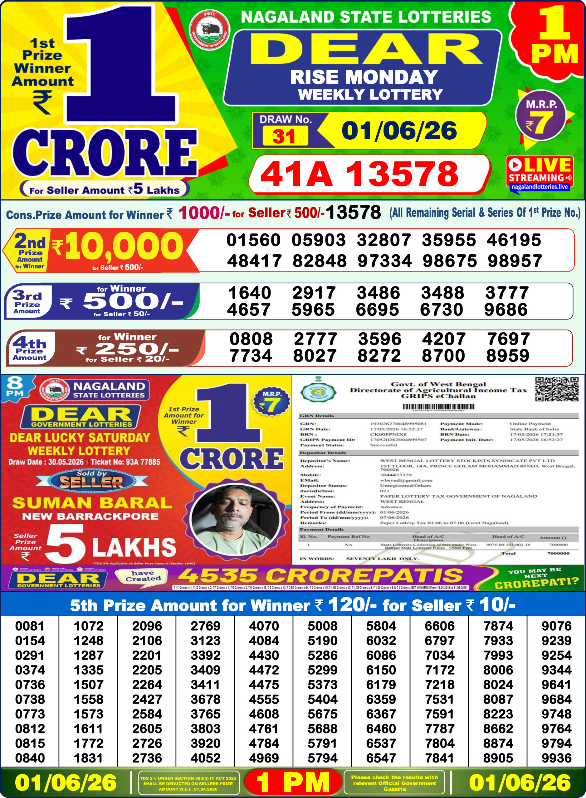 Dear 1 PM Result 01 June 2026