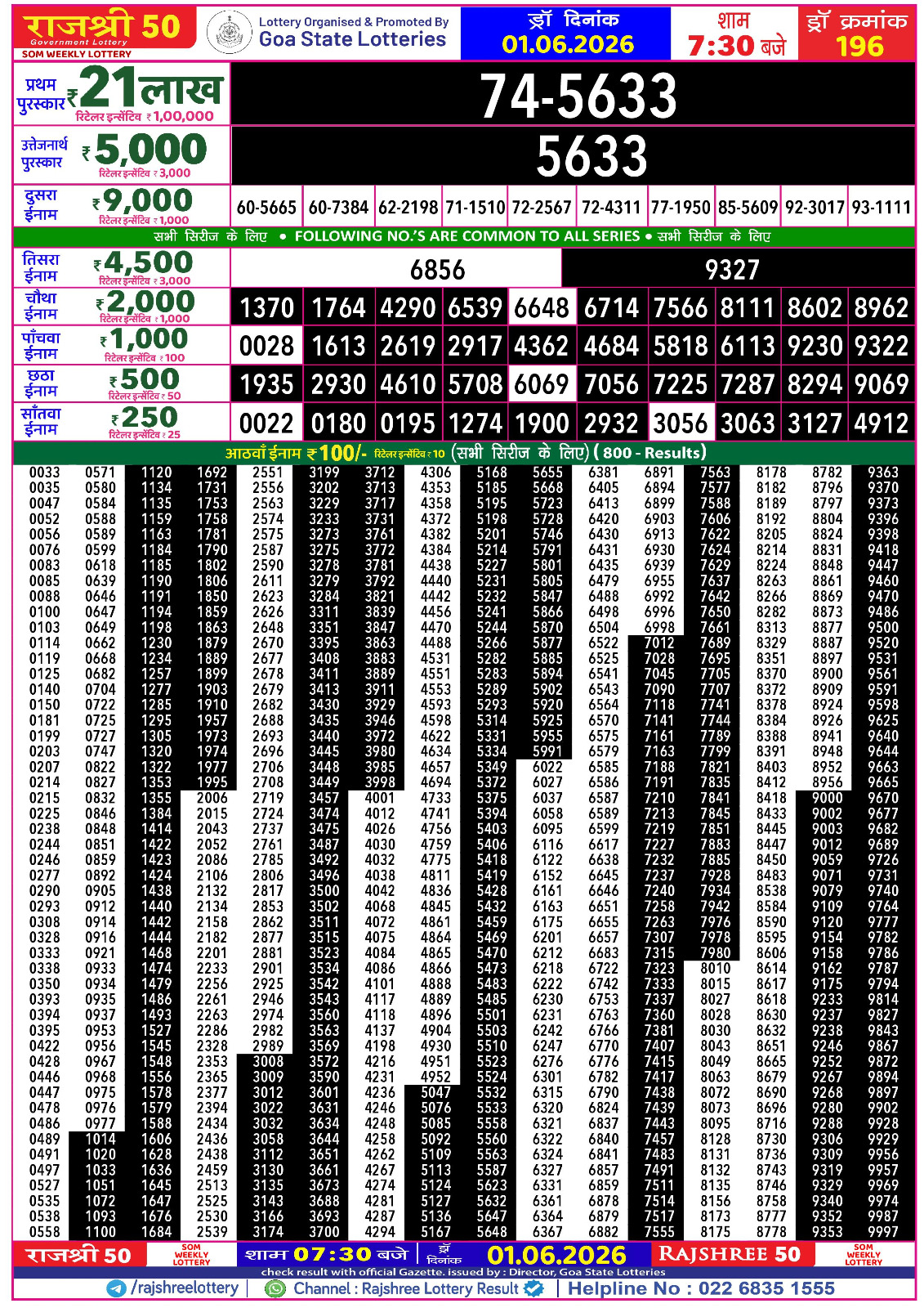 Rajshree 50 7:30 PM Result 01 June 2026