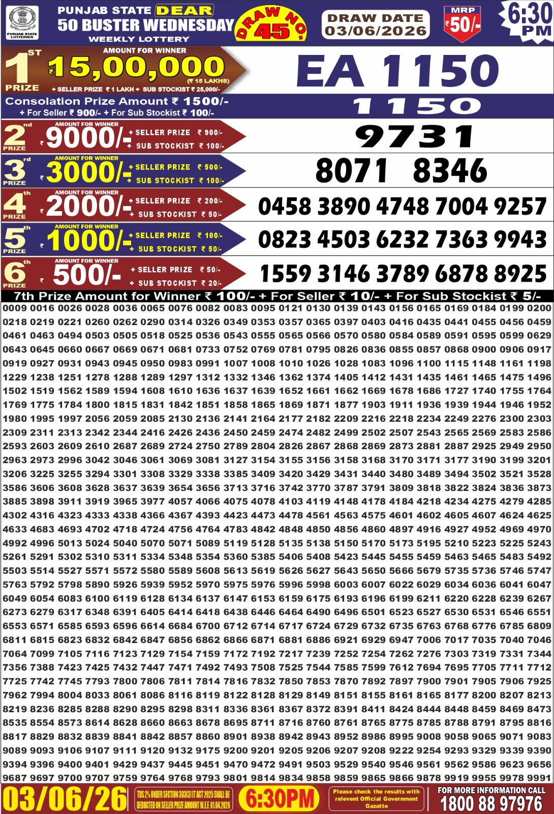 Punjab Dear 50 6:30 PM Result 03 June 2026