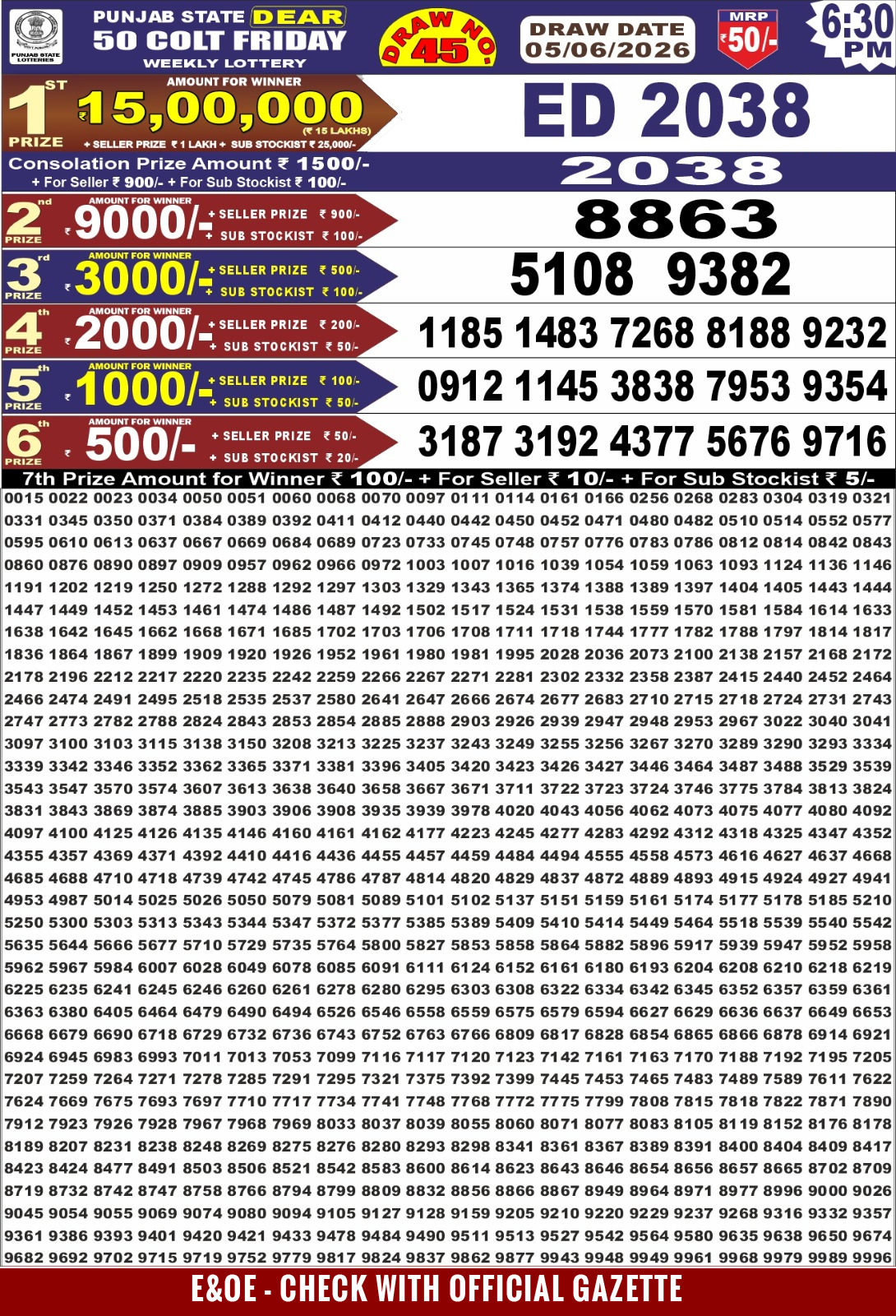 Punjab Dear 50 6:30 PM Result 05 June 2026