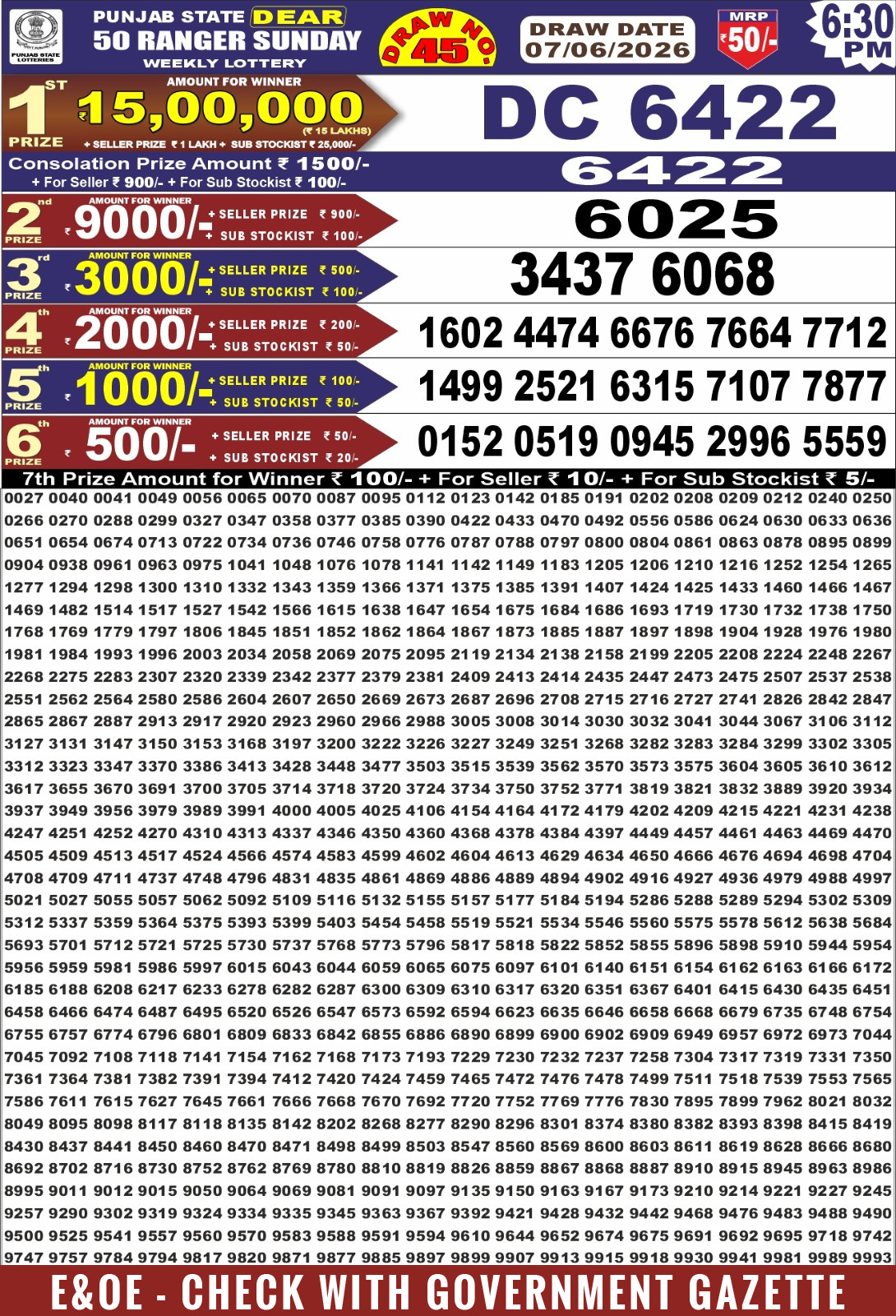 Punjab Dear 50 6:30 PM Result 07 June 2026