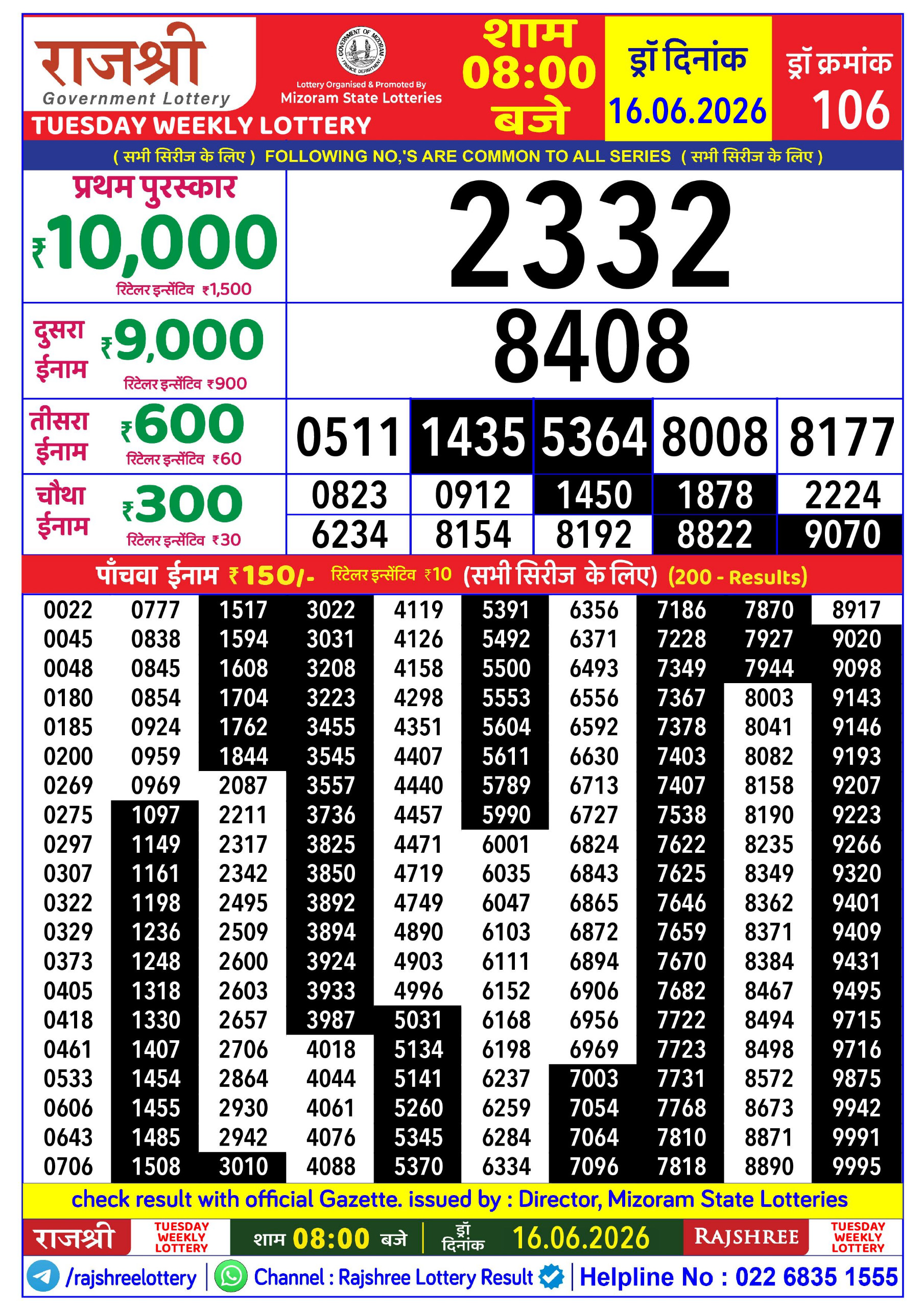 Rajshree 8 PM Result 16 June 2026