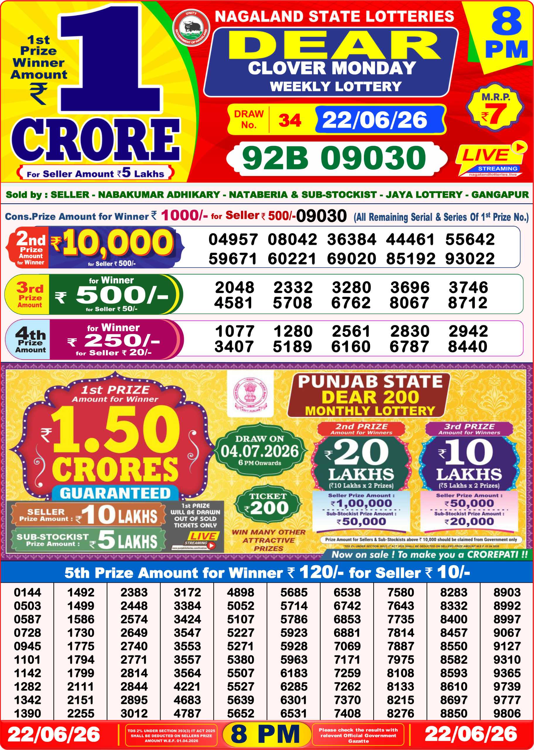 Dear 8 PM Result 22 June 2026