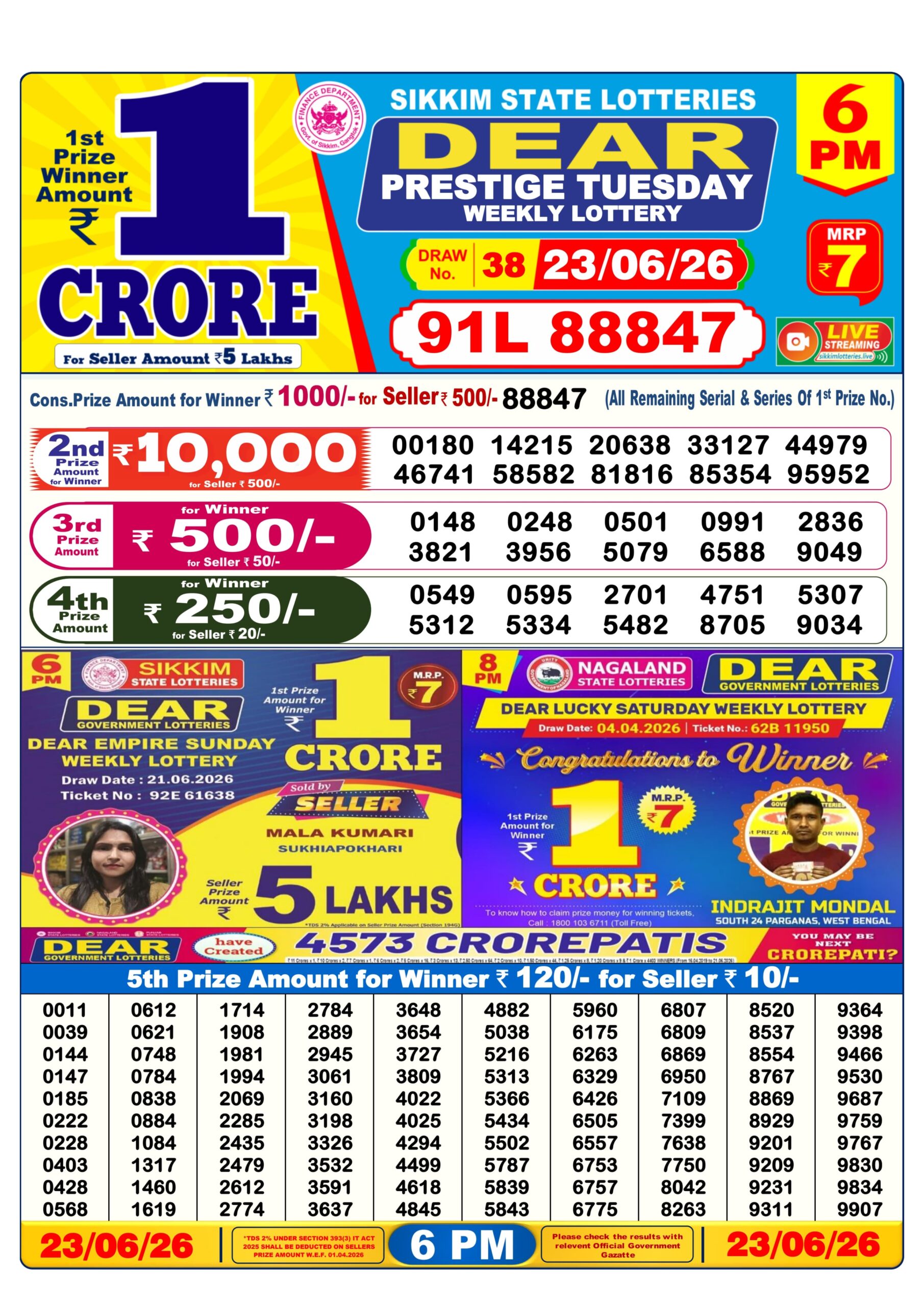 Dear 6 PM Result 23 June 2026