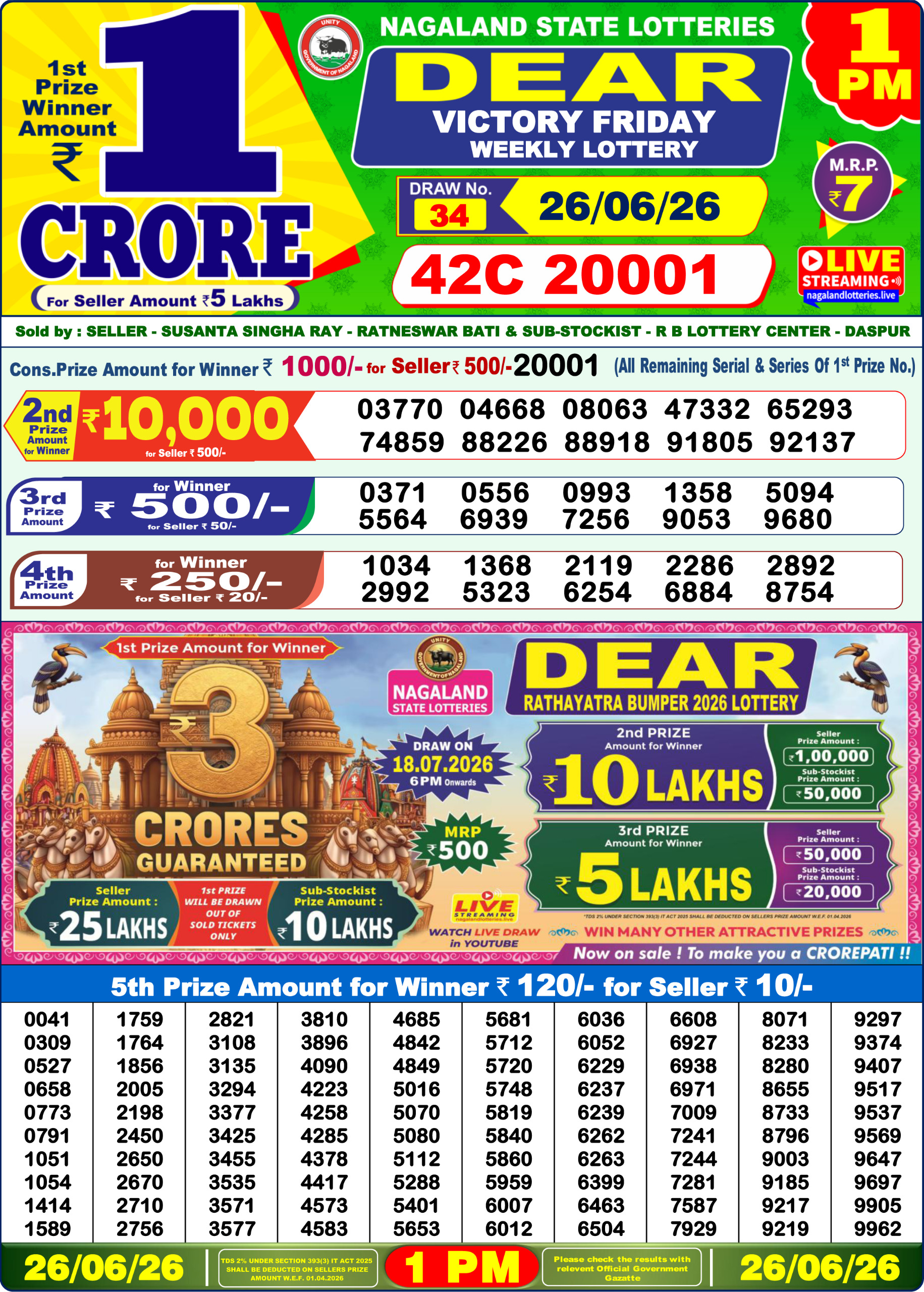 Dear 1 PM Result 26 June 2026