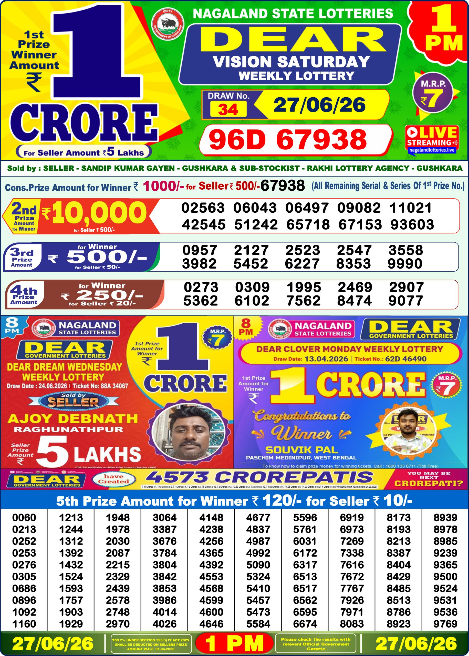 Dear 1 PM Result 27 June 2026