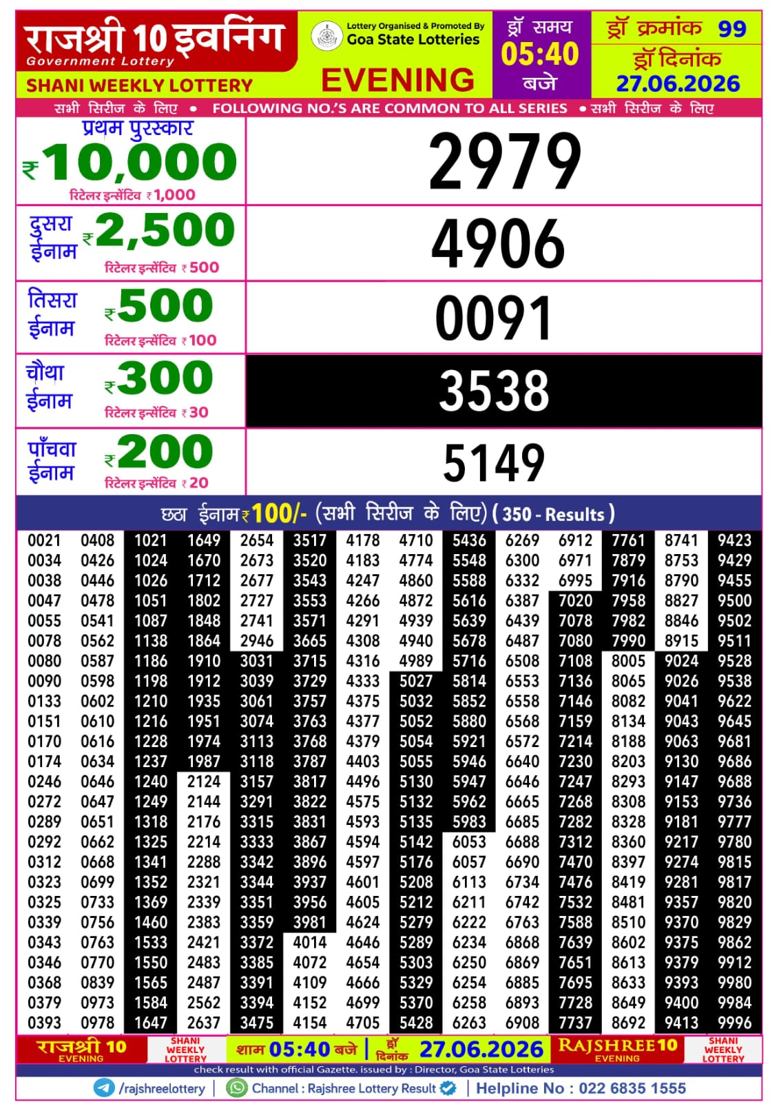 Rajshree 10 Evening 5:40 PM Result 27 June 2026