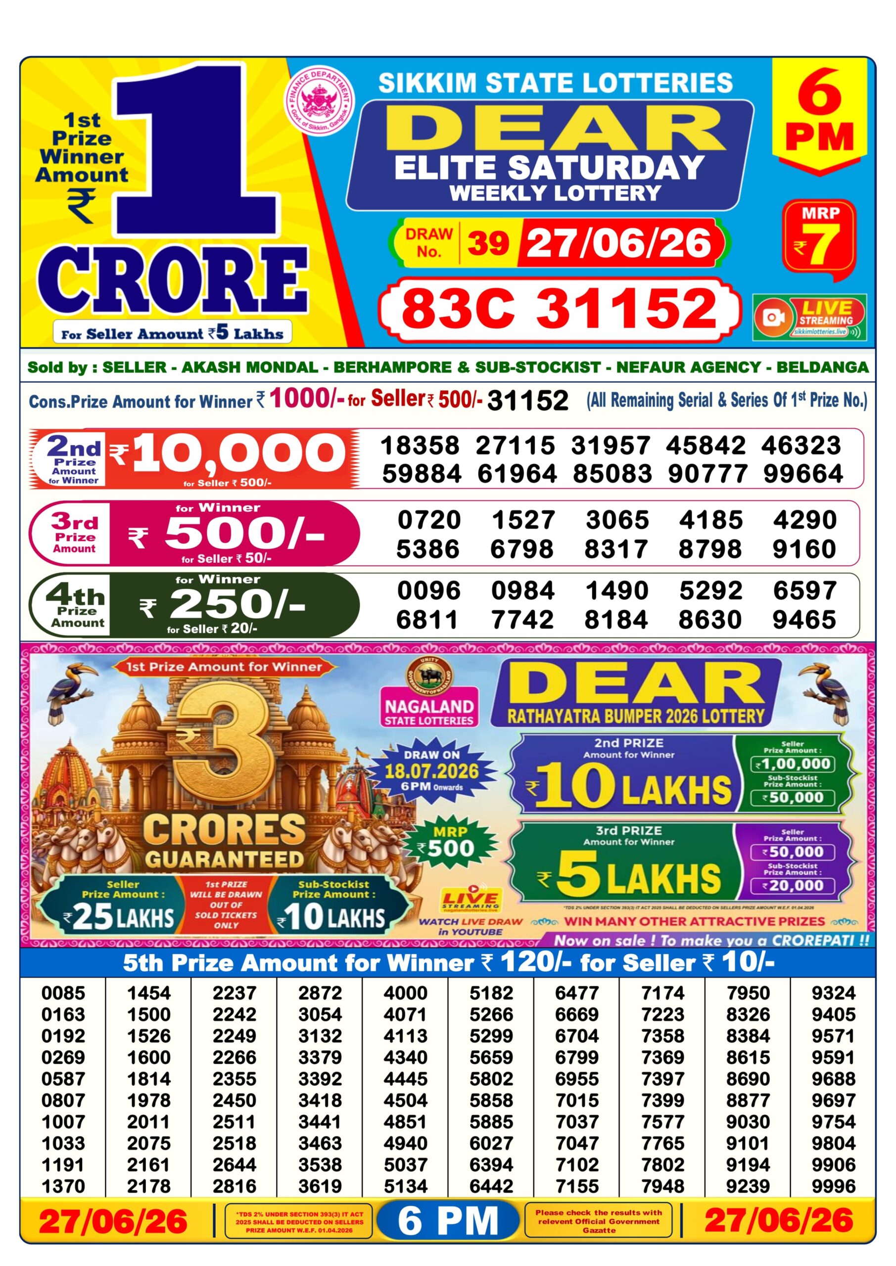 Dear 6 PM Result 27 June 2026