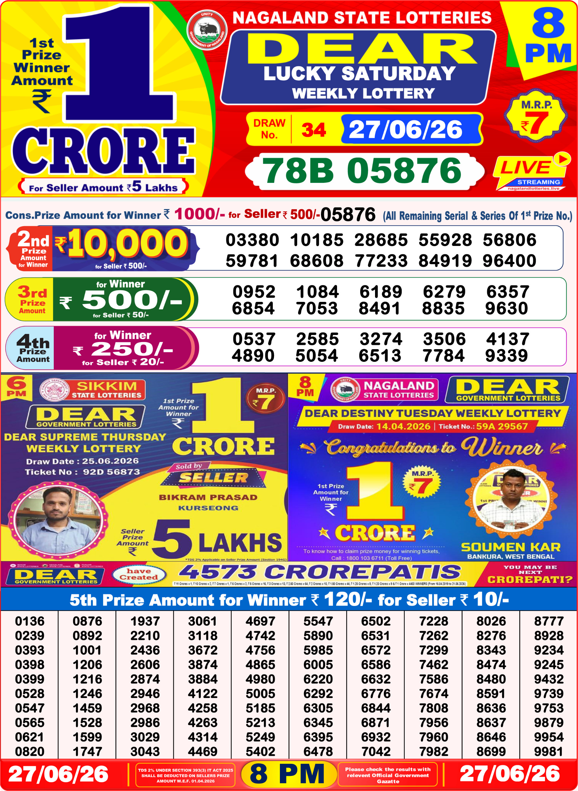 Dear 8 PM Result 27 June 2026