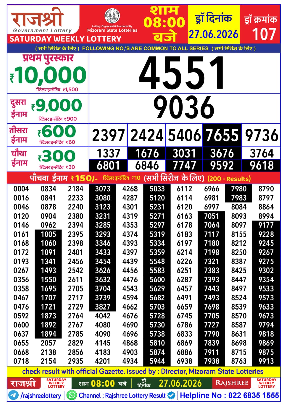 Rajshree 8 PM Result 27 June 2026