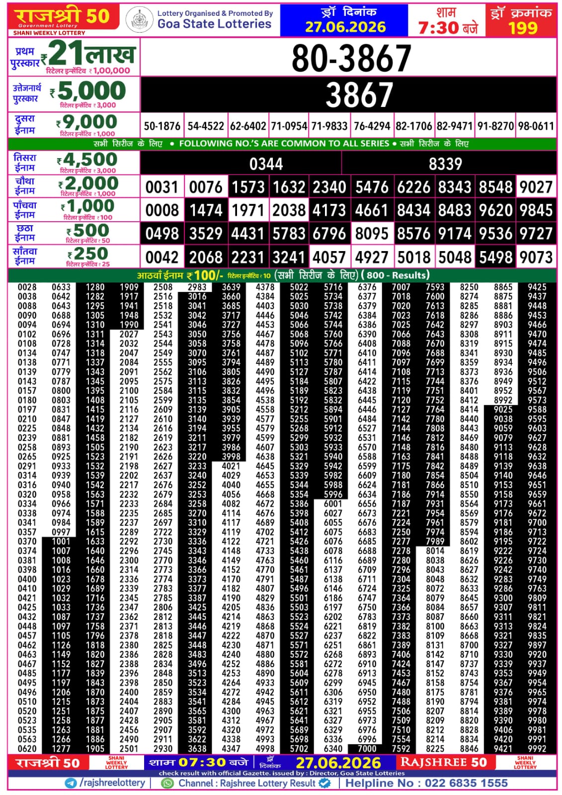 Rajshree 50 7:30 PM Result 27 June 2026