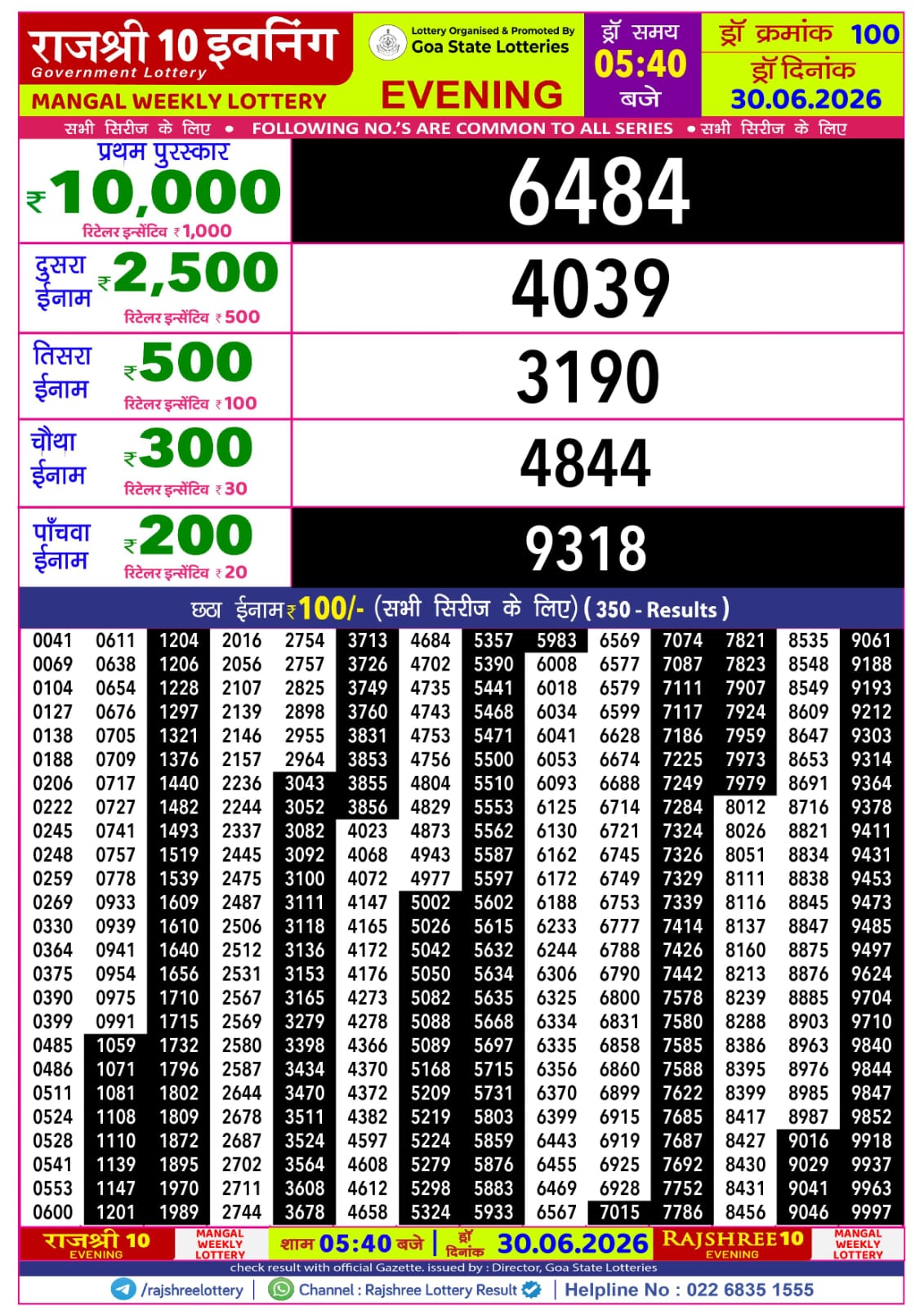 Rajshree 10 Evening 5:40 PM Result 30 June 2026