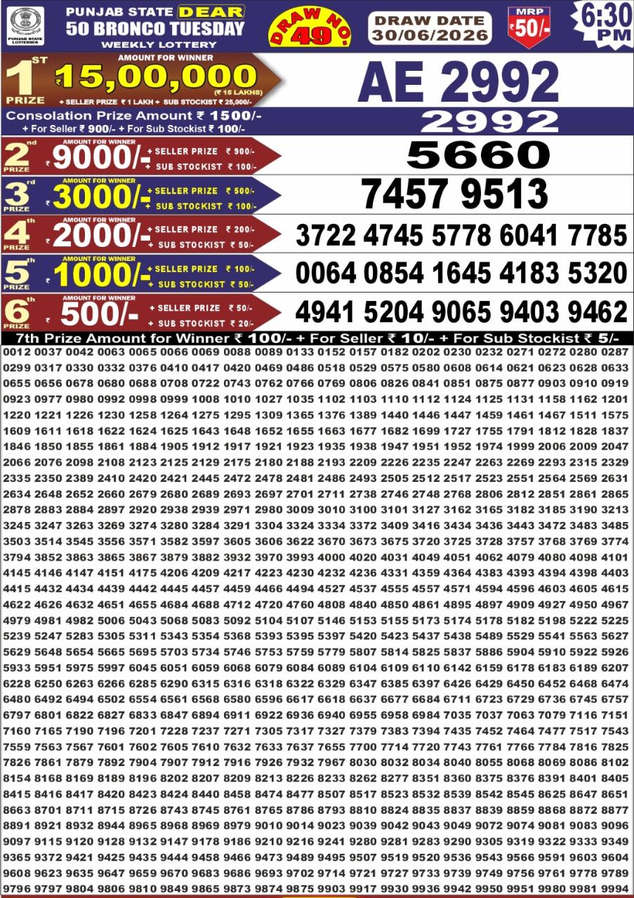 Punjab Dear 50 6:30 PM Result 30 June 2026