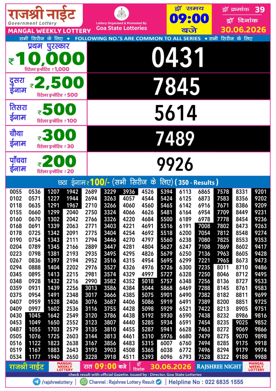 Rajshree Night 9 PM Result 30 June 2026