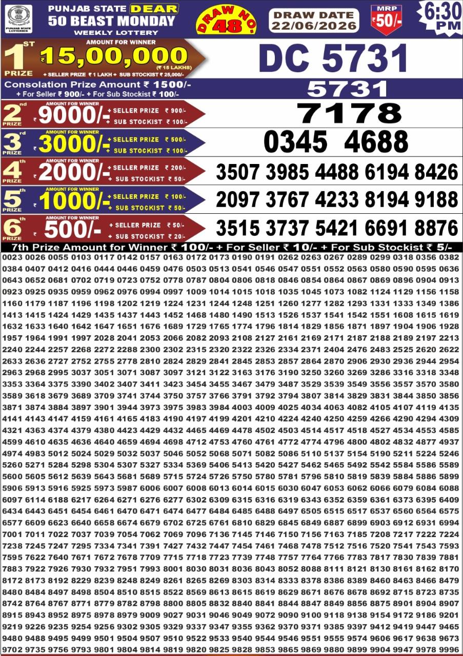 Punjab Dear 50 6:30 PM Result 22 June 2026