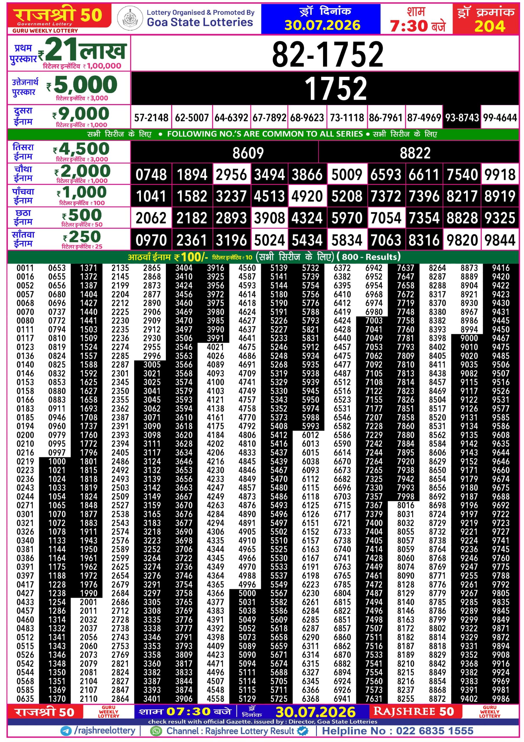 Rajshree 50 7:30 PM Result 30 July 2026