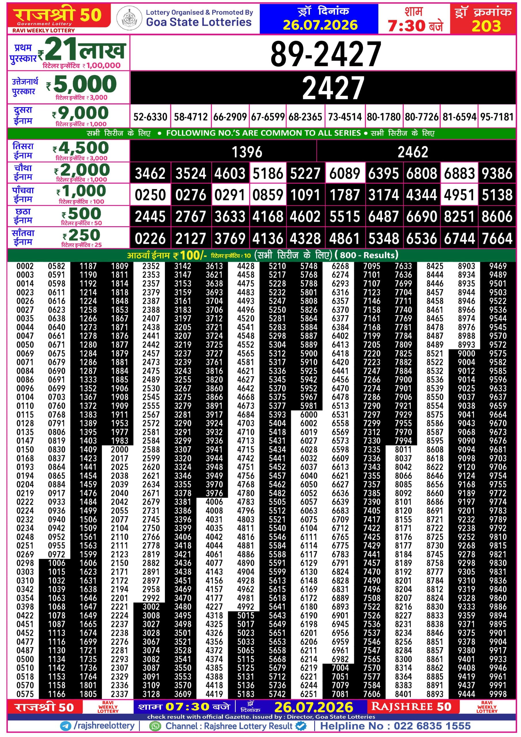 Rajshree 50 7:30 PM Result 26 July 2026