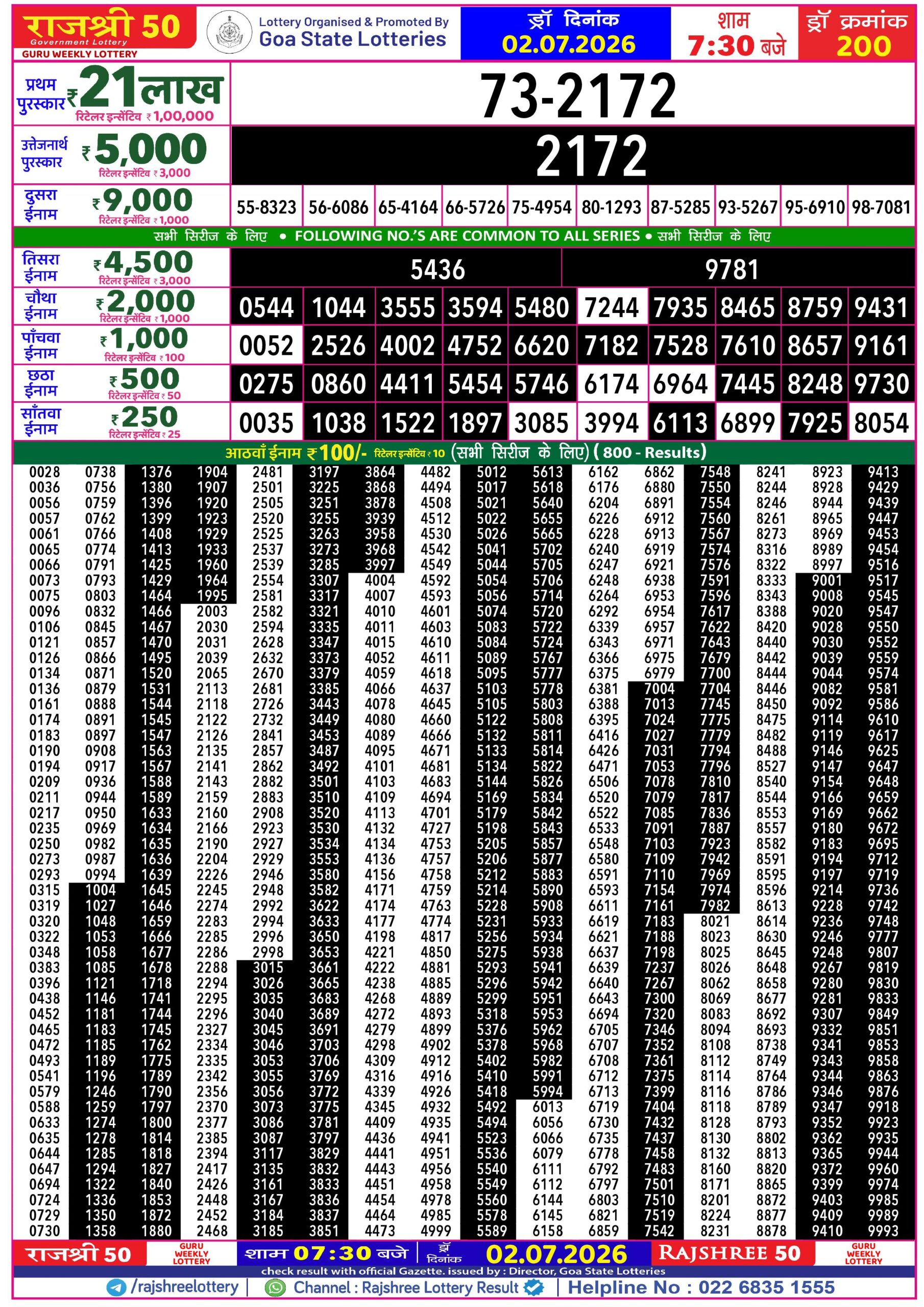 Rajshree 50 7:30 PM Result 02 July 2026