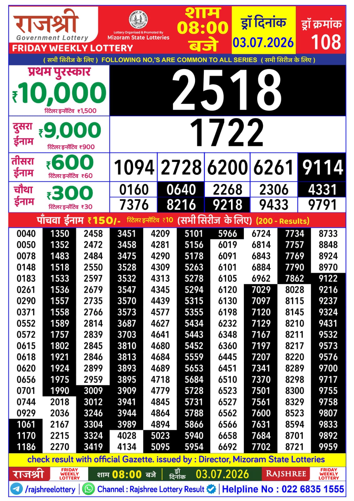 Rajshree 8 PM Result 03 July 2026