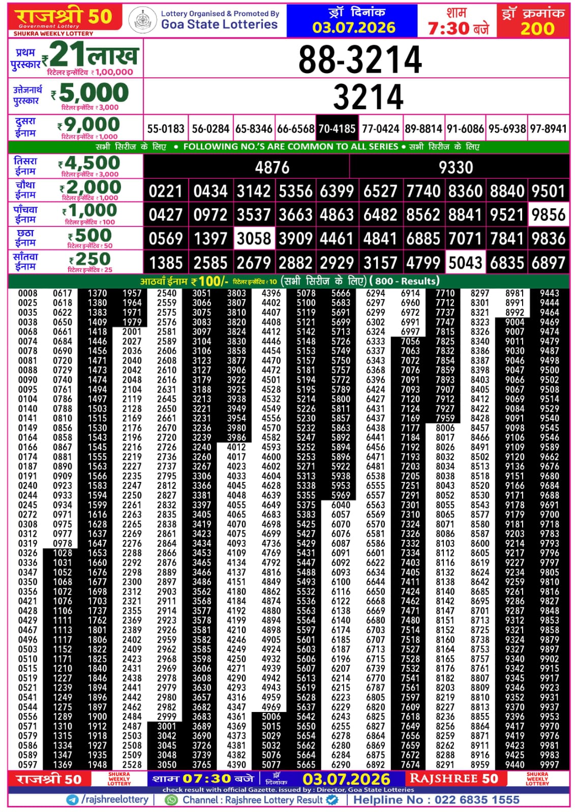 Rajshree 50 7:30 PM Result 03 July 2026