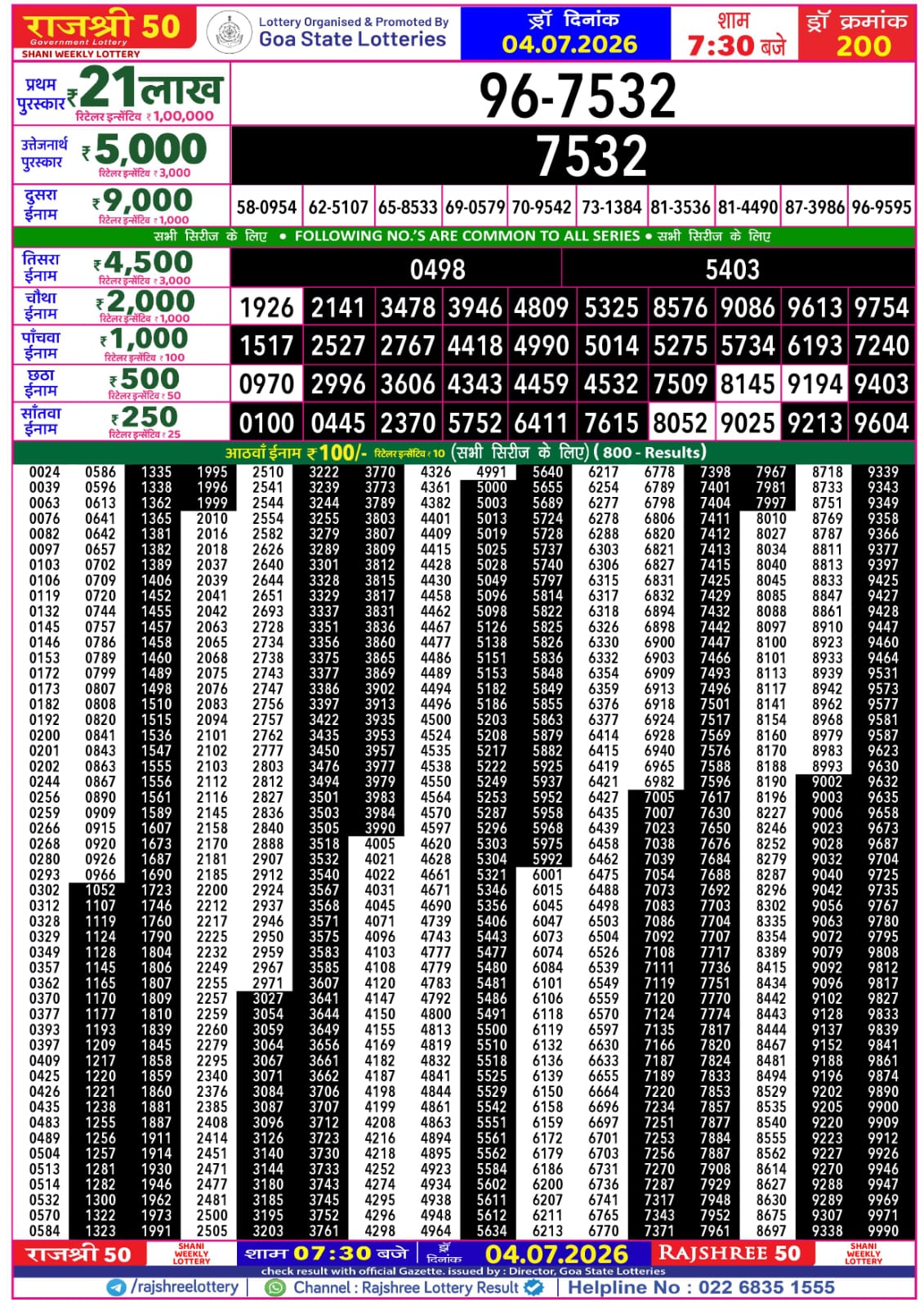Rajshree 50 7:30 PM Result 04 July 2026