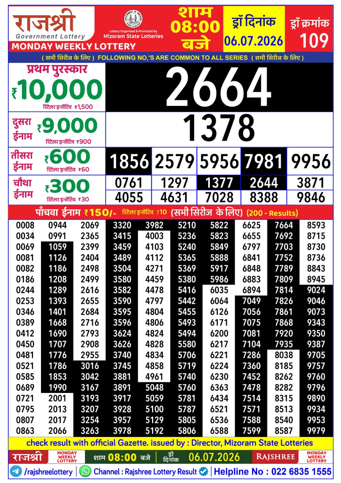 Rajshree 8 PM Result 06 July 2026