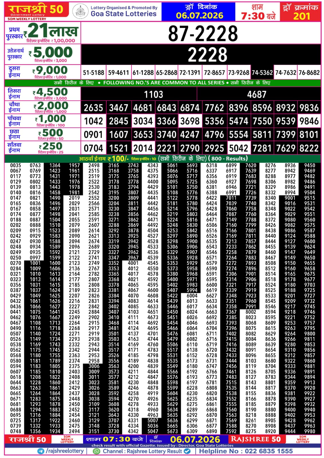 Rajshree 50 7:30 PM Result 06 July 2026