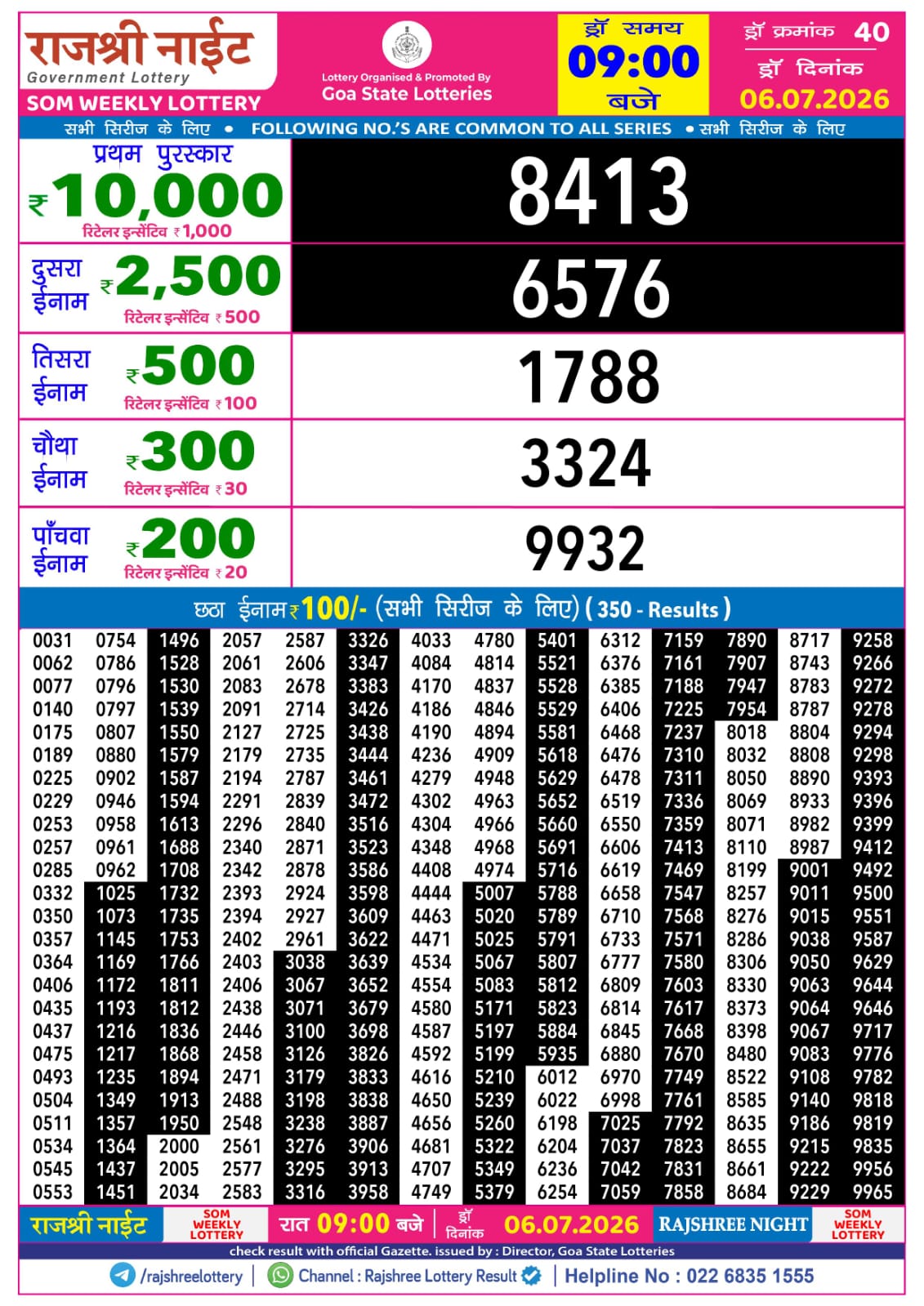 Rajshree Night 9 PM Result 06 July 2026