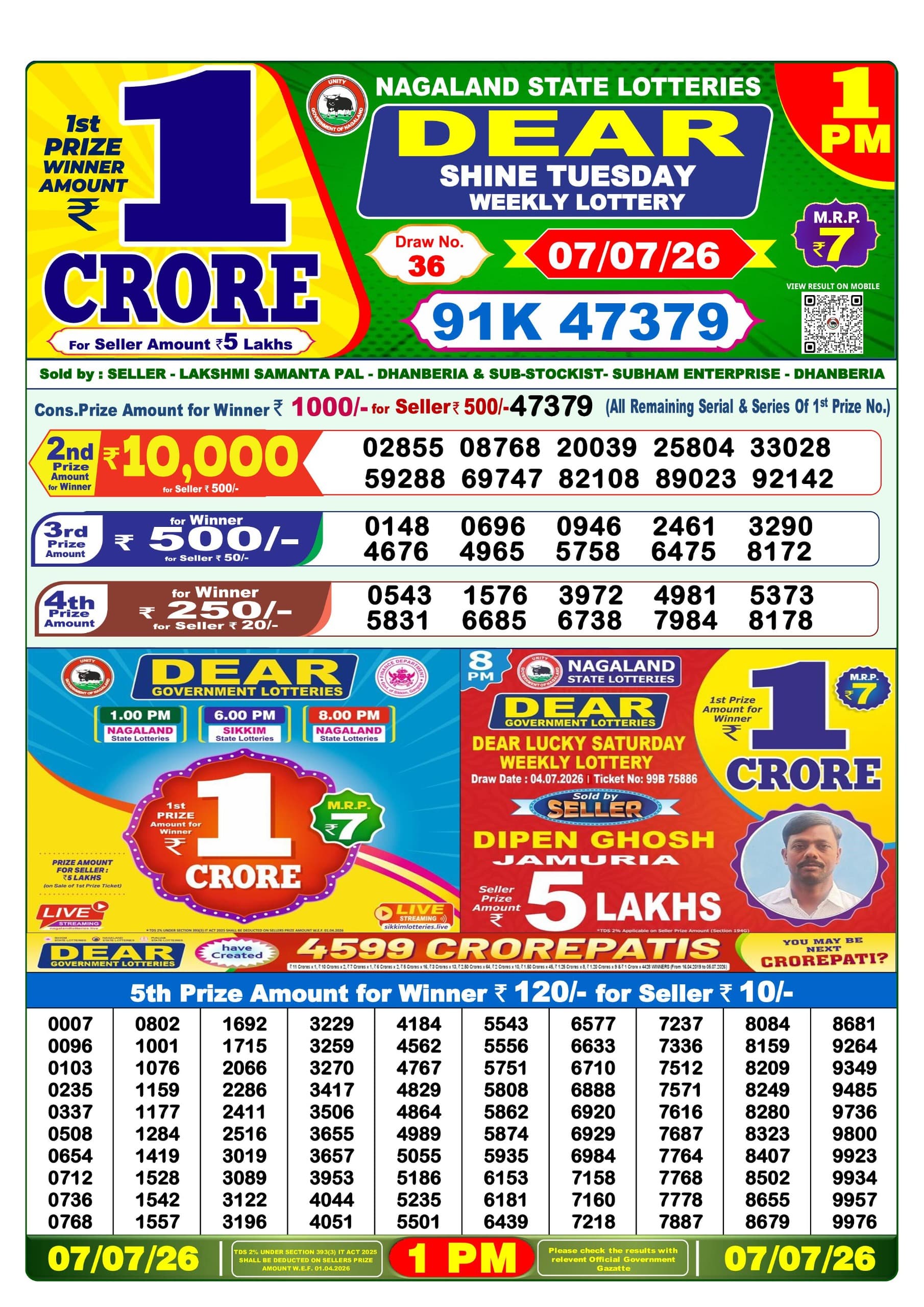 Dear 1 PM Result 07 July 2026