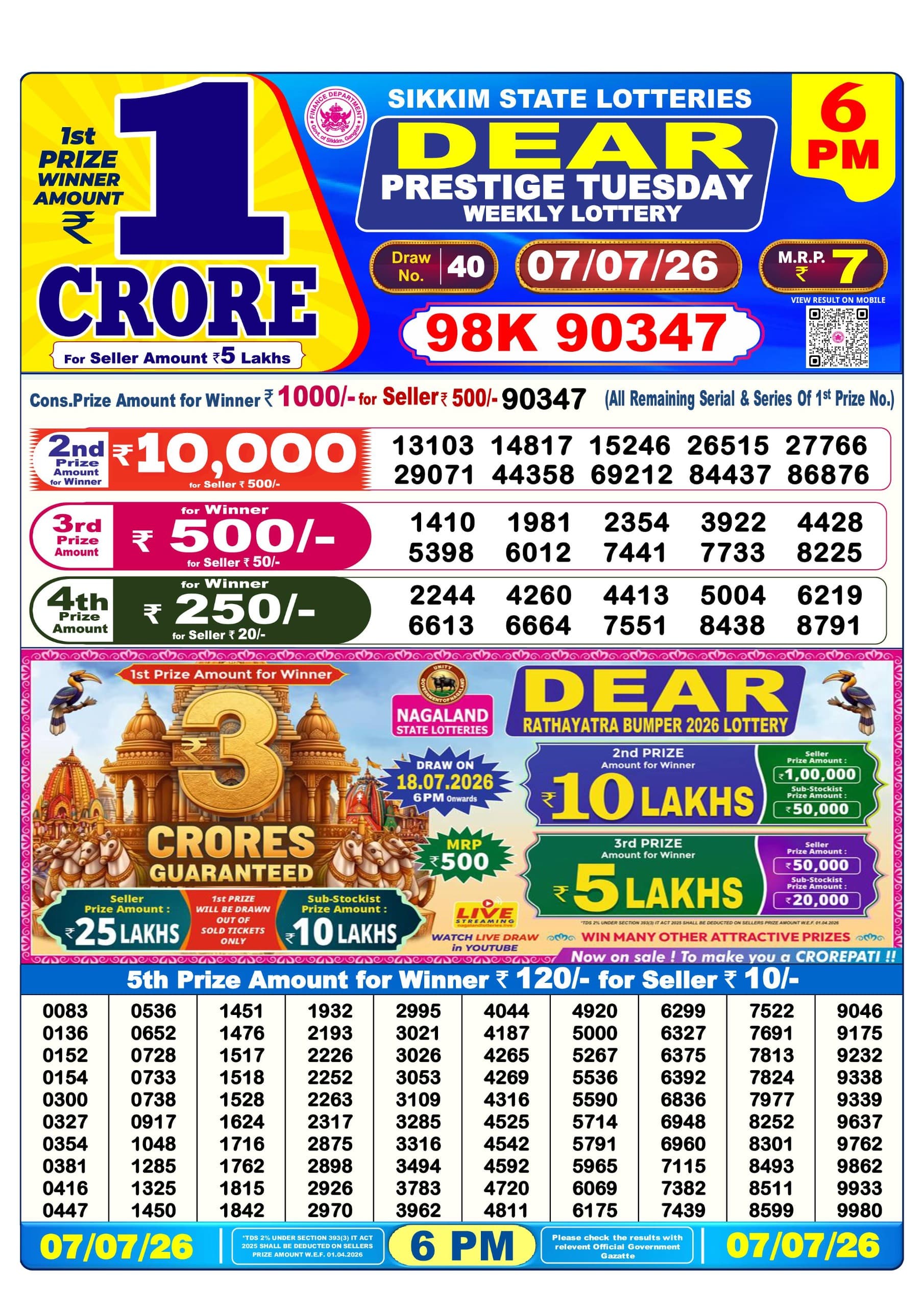 Dear 6 PM Result 07 July 2026