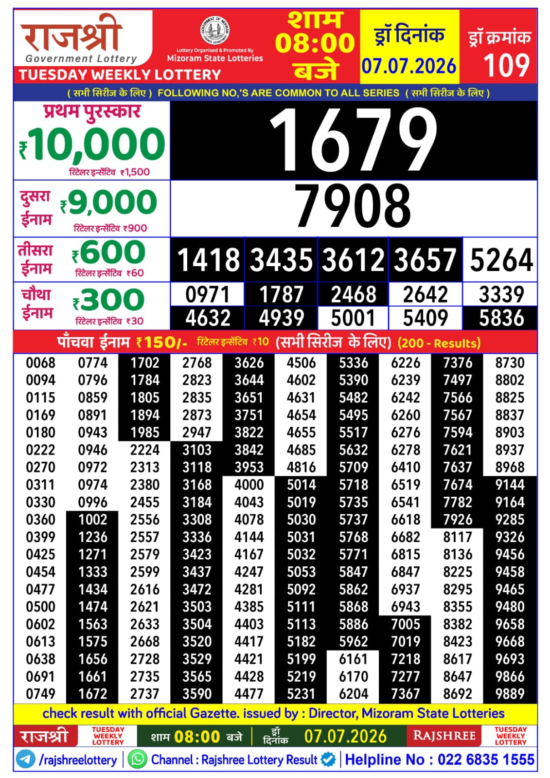 Rajshree 8 PM Result 07 July 2026