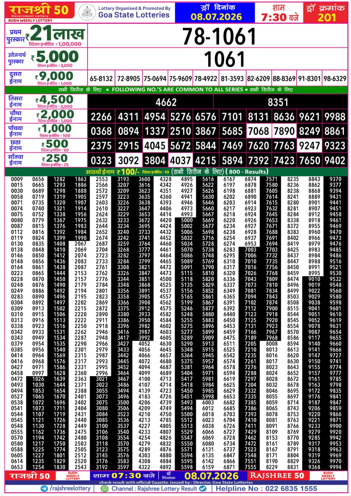 Rajshree 50 7:30 PM Result 08 July 2026