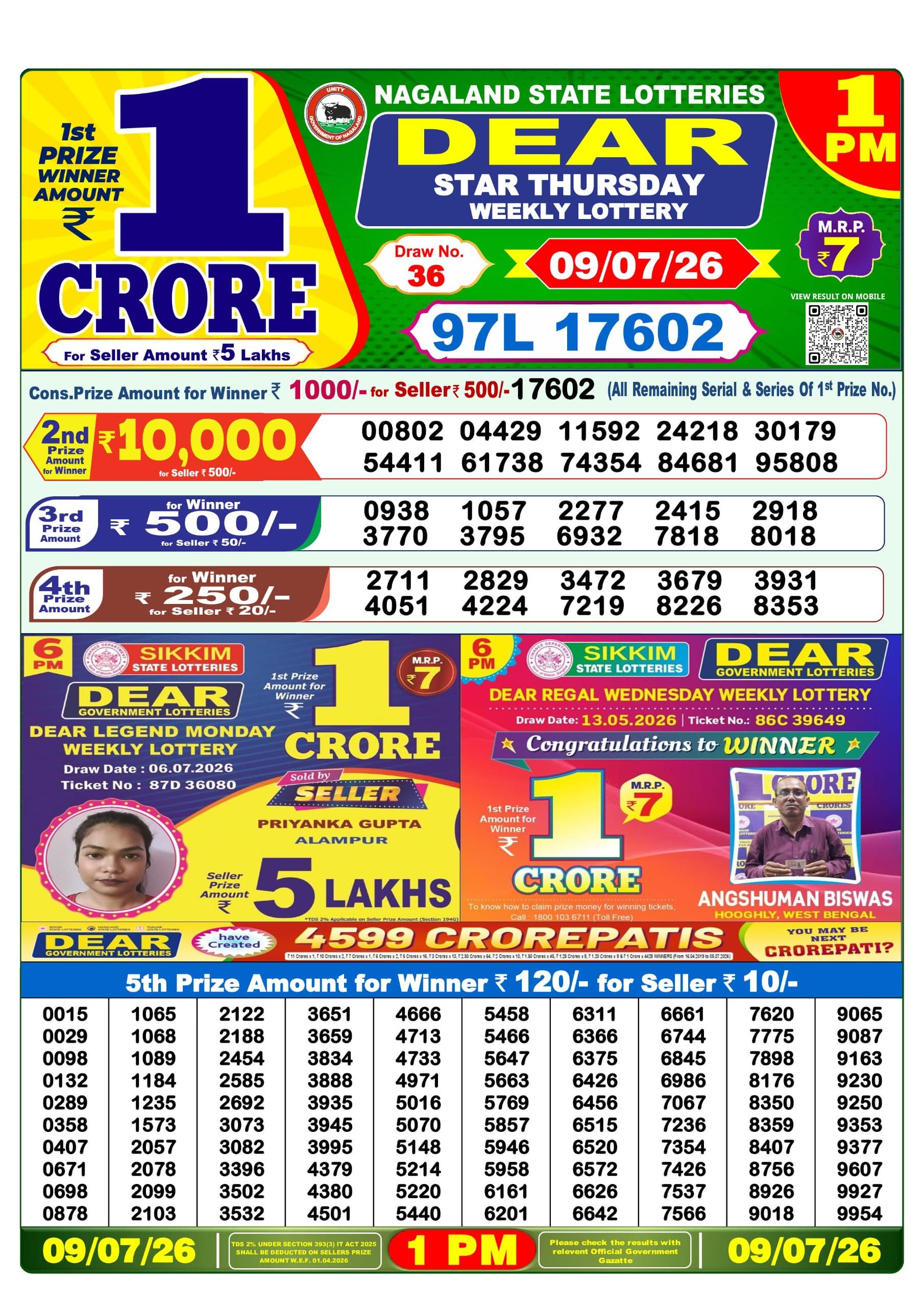 Dear 1 PM Result 09 July 2026