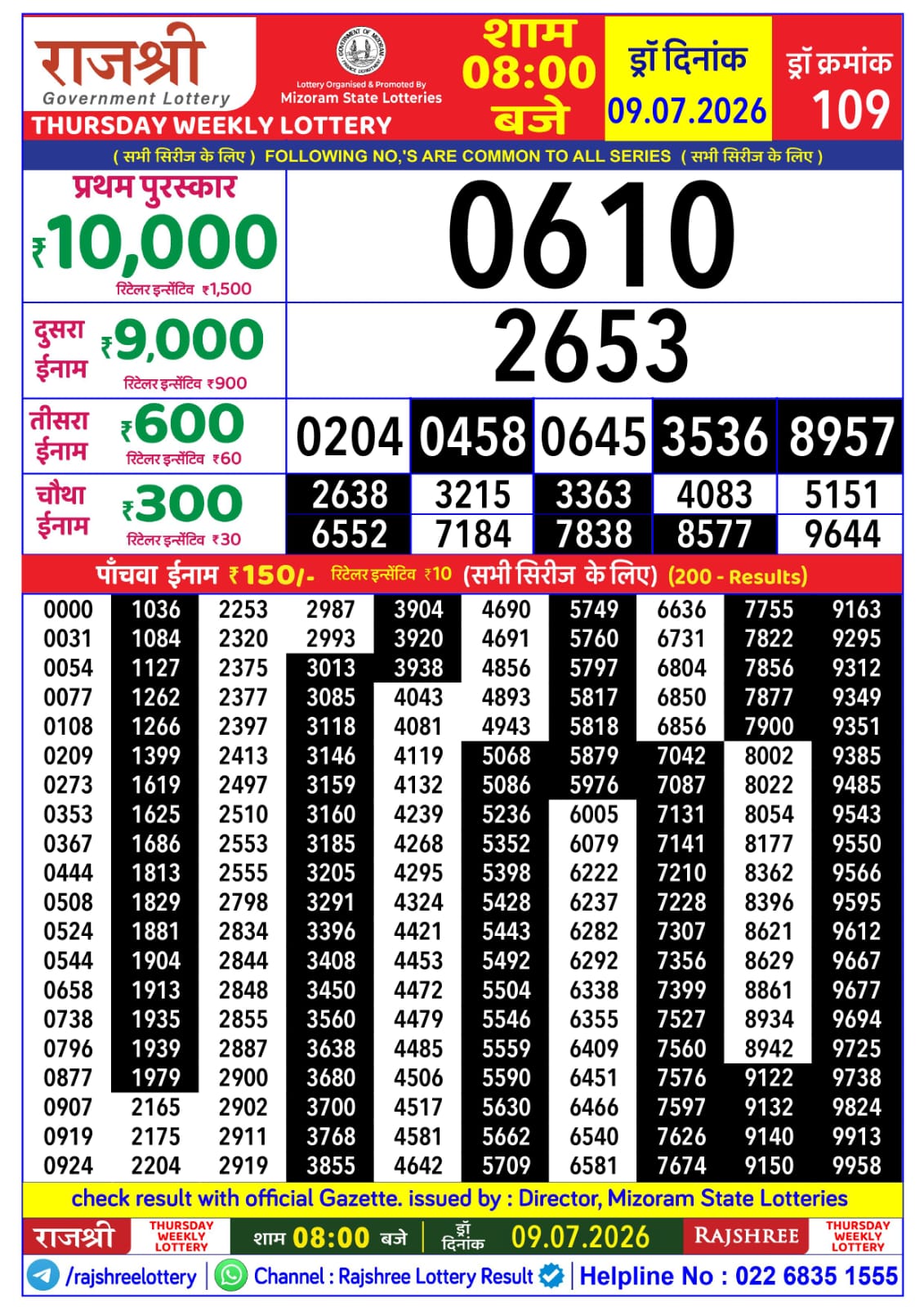 Rajshree 8 PM Result 09 July 2026