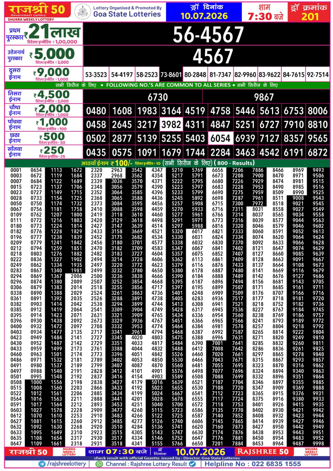 Rajshree 50 7:30 PM Result 10 July 2026