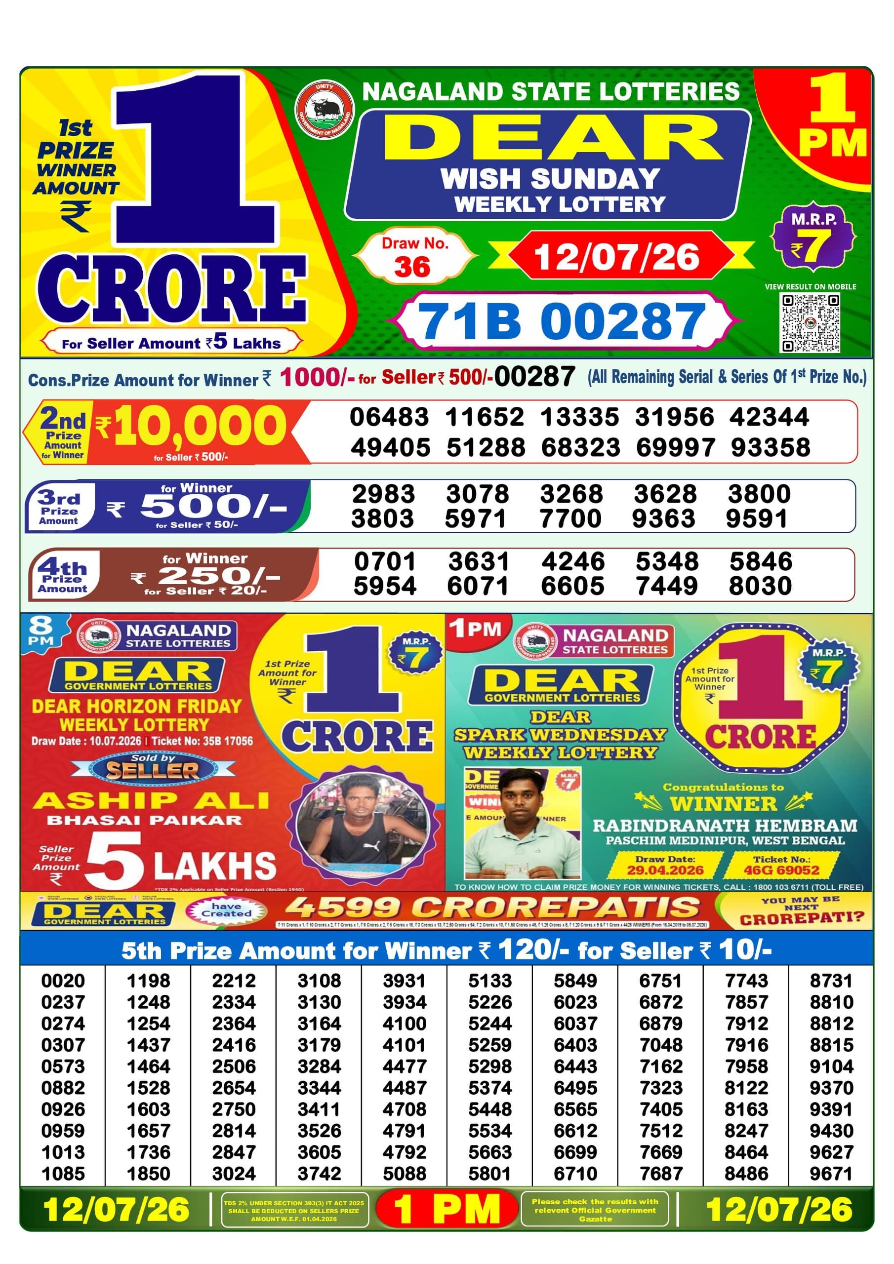 Dear 1 PM Result 12 July 2026