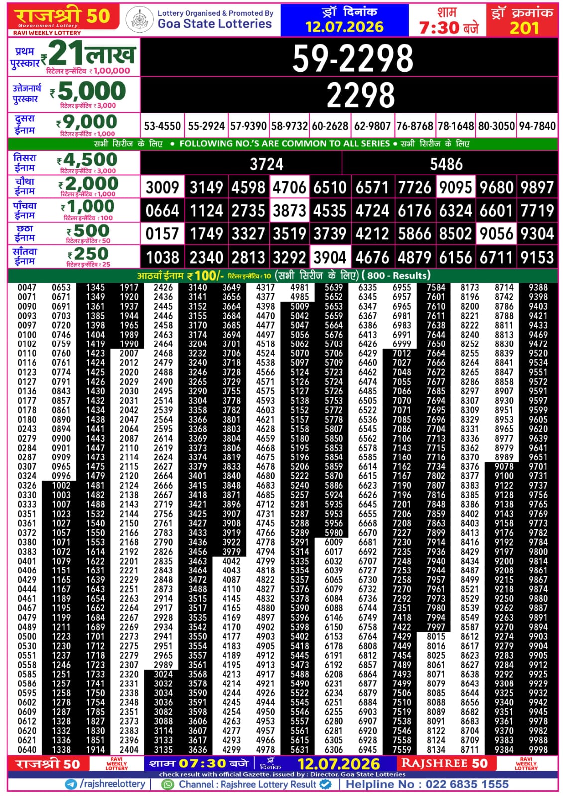 Rajshree 50 7:30 PM Result 12 July 2026
