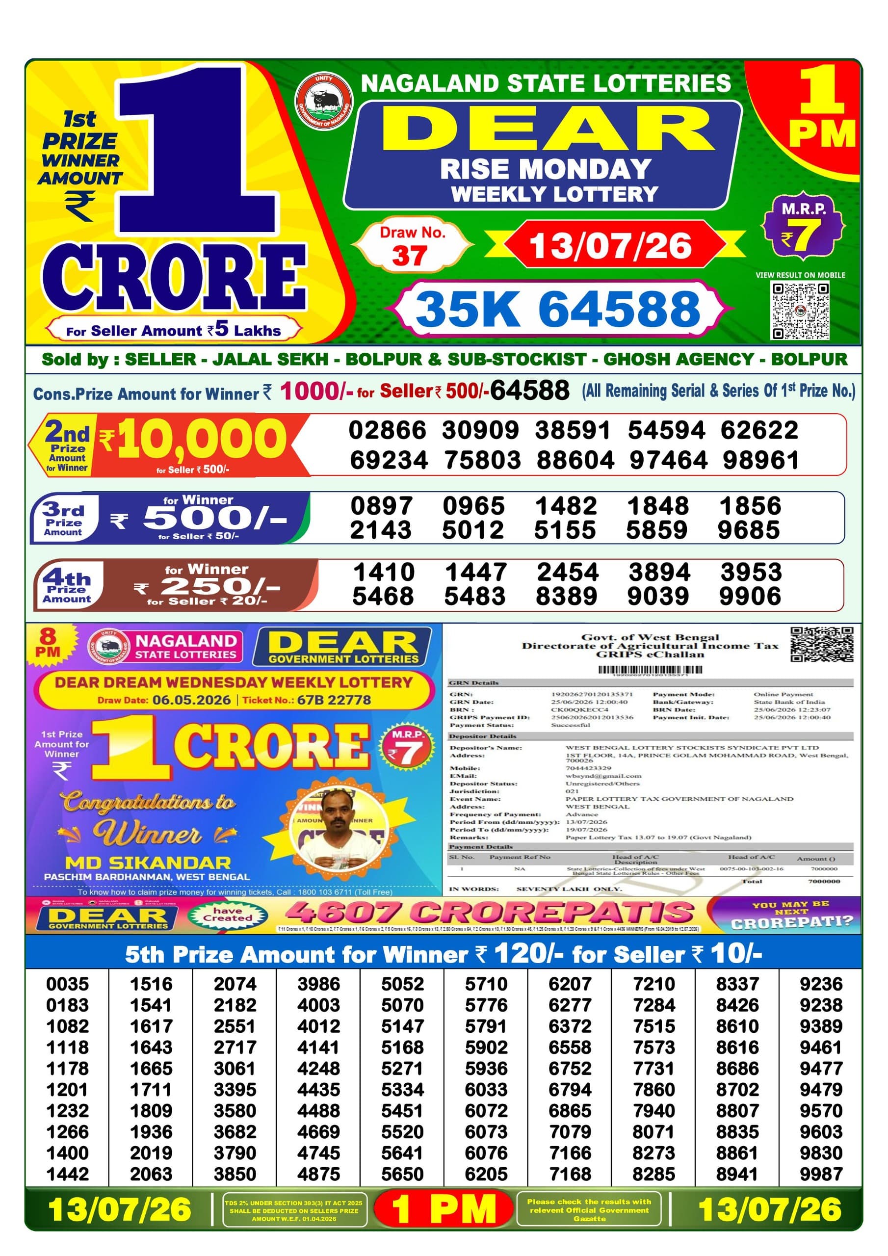 Dear 1 PM Result 13 July 2026