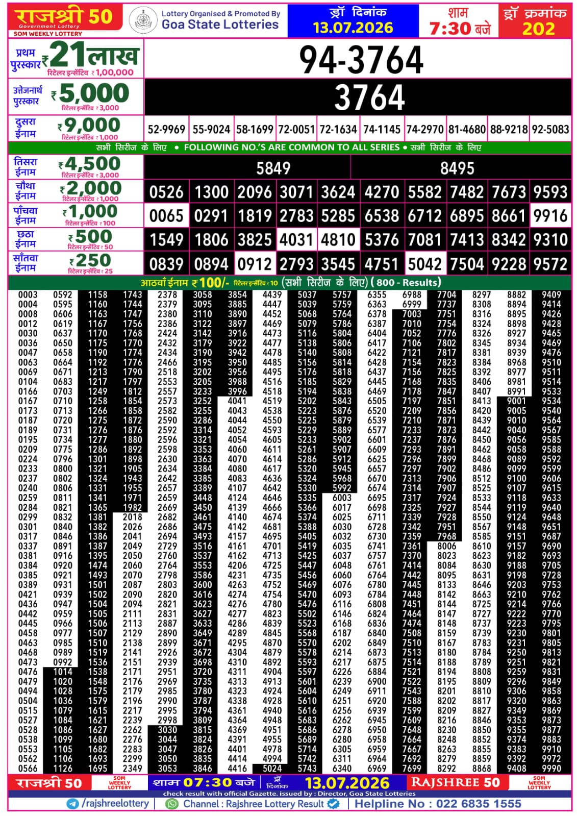 Rajshree 50 7:30 PM Result 13 July 2026