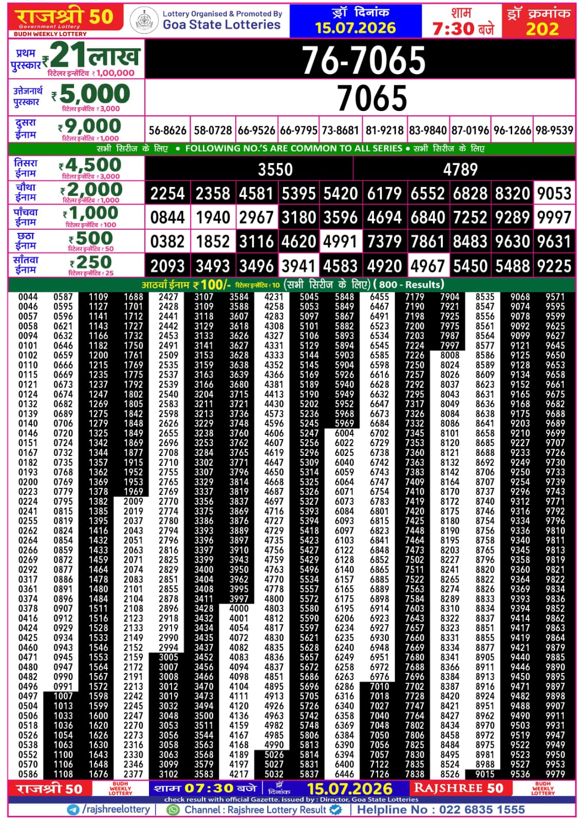 Rajshree 50 7:30 PM Result 15 July 2026