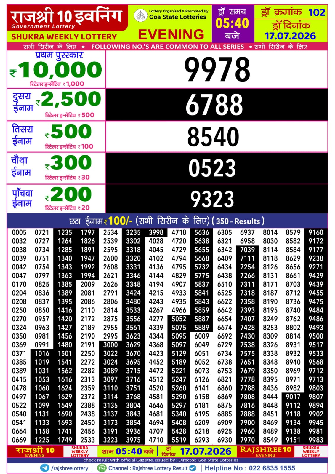 Rajshree 10 Evening 5:40 PM Result 17 July 2026