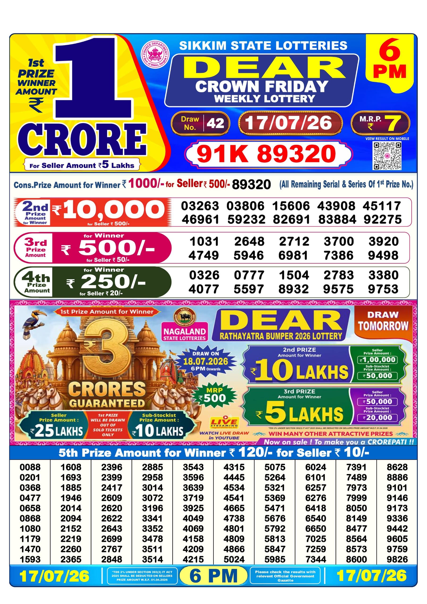 Dear 6 PM Result 17 July 2026