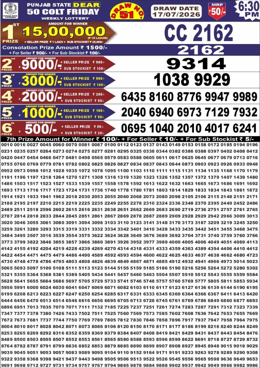 Punjab Dear 50 6:30 PM Result 17 July 2026