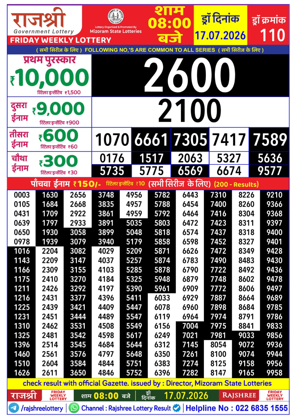 Rajshree 8 PM Result 17 July 2026