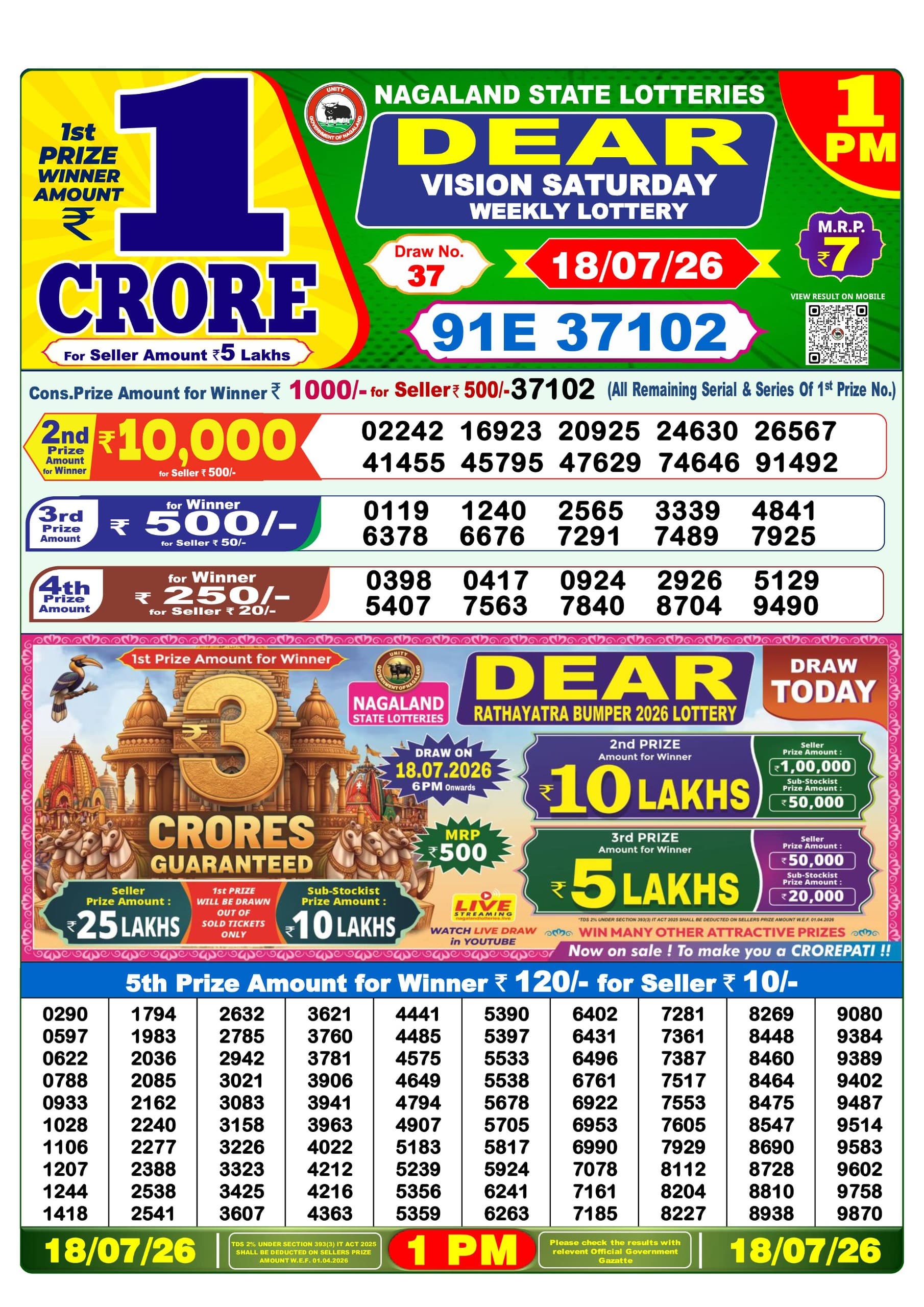 Dear 1 PM Result 18 July 2026