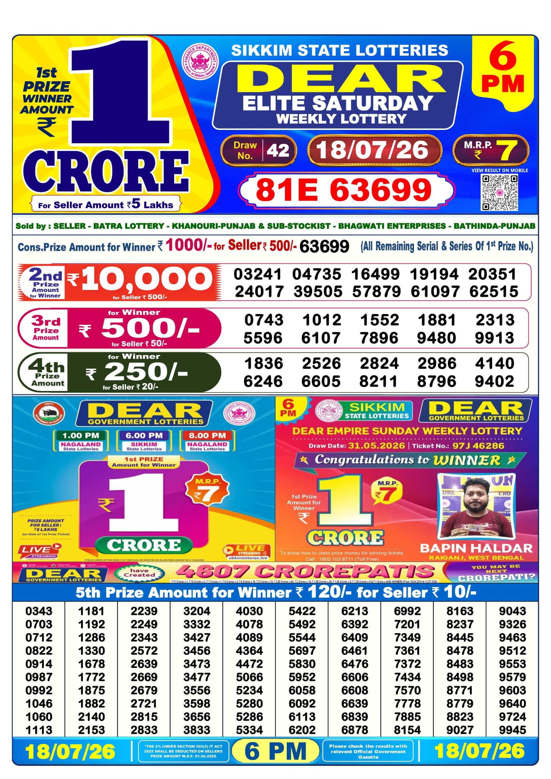 Dear 6 PM Result 18 July 2026