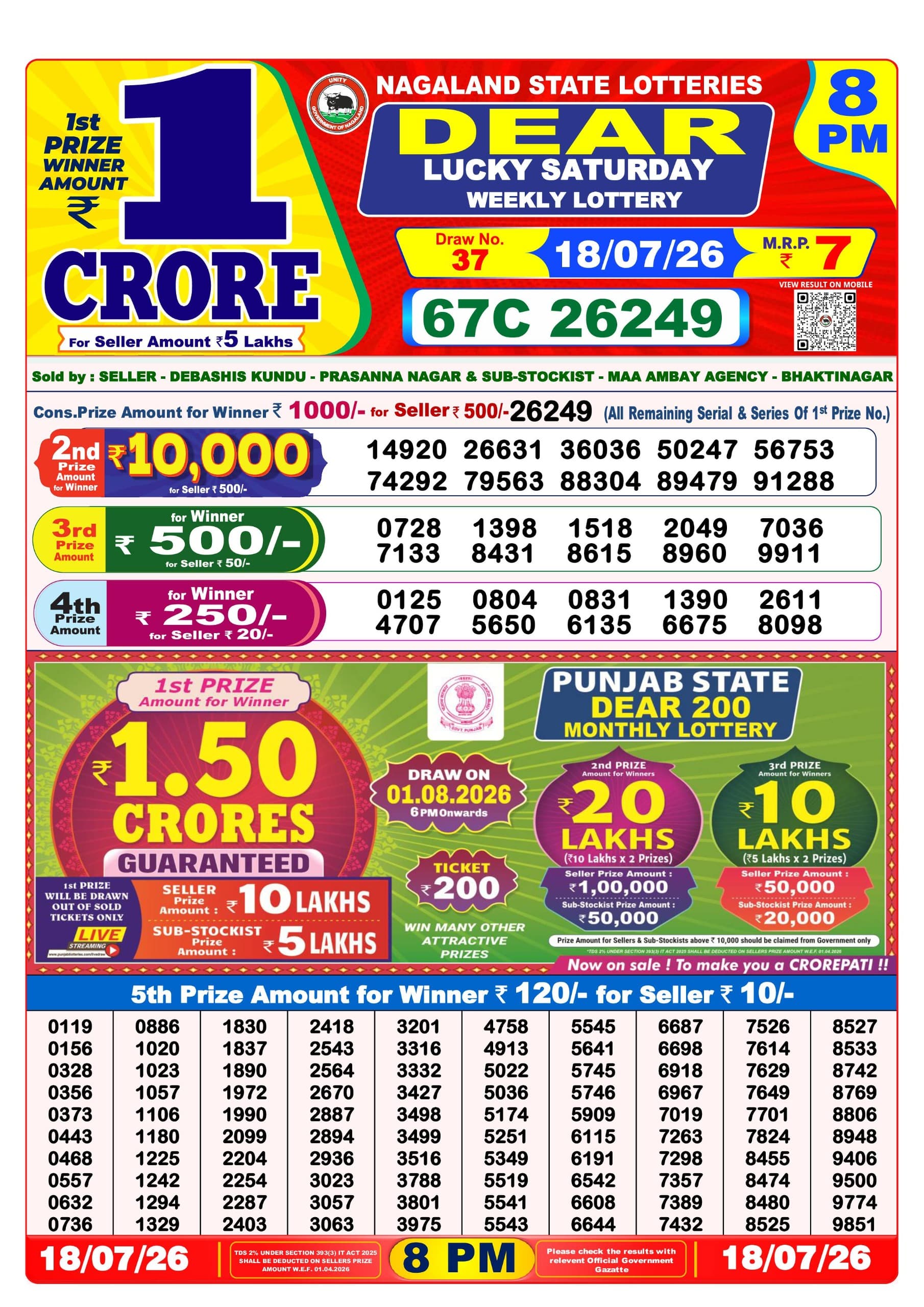 Rajshree 8 PM Result 18 July 2026