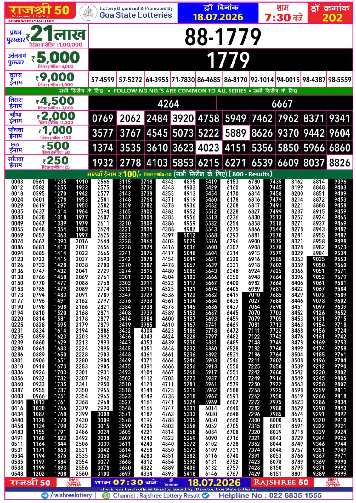 Rajshree 50 7:30 PM Result 18 July 2026