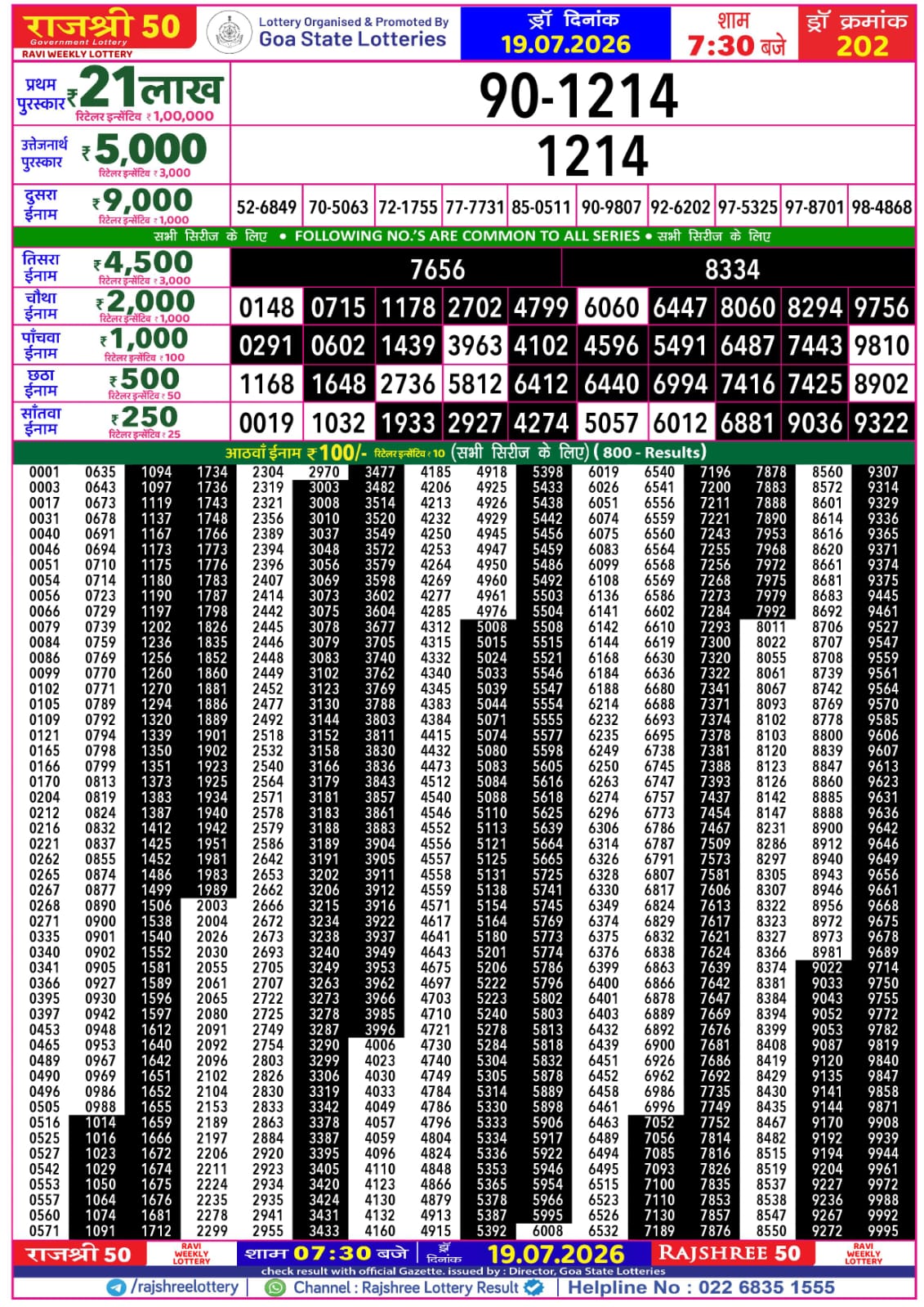 Rajshree 50 7:30 PM Result 19 July 2026