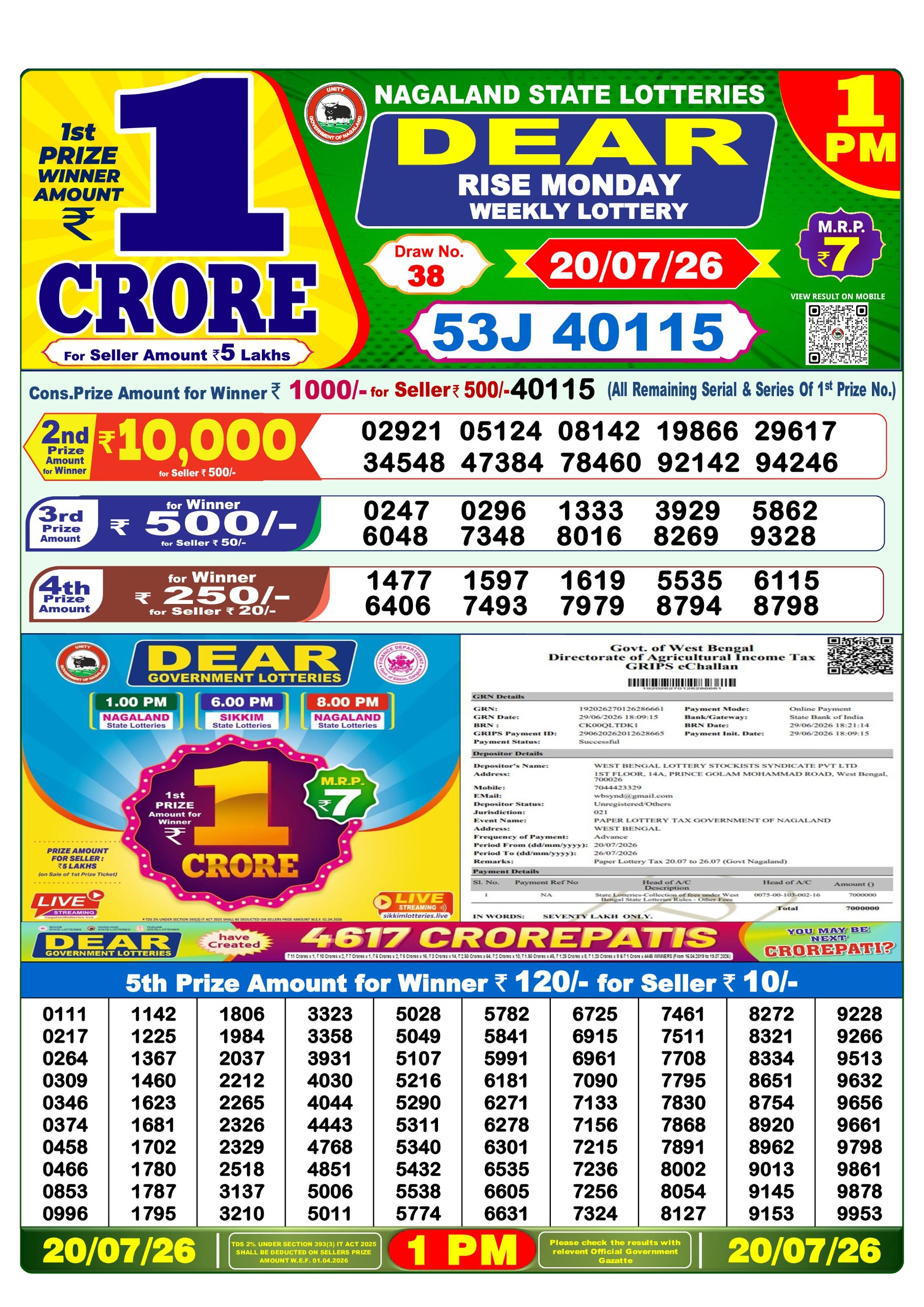 Dear 1 PM Result 20 July 2026